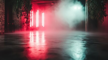 Poster - Vibrant neon lights shine through dense fog in a modern industrial setting, creating a futuristic and mysterious atmosphere, reminiscent of sci-fi worlds.