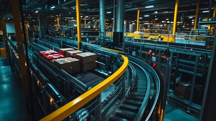 Aufkleber - packages move along a conveyor belt system in a modern warehouse.