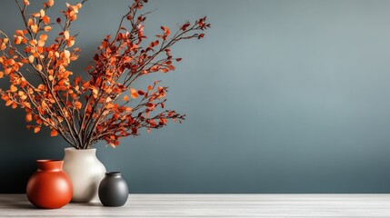 Three colorful vases hold autumn branches, set against a stylish teal wall, blending modern aesthetics with seasonal hues for a sophisticated decor arrangement.