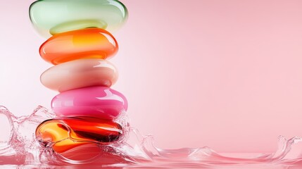 Poster - An artistic arrangement of stacked glass elements in vibrant colors sits amidst a fluid splash, capturing a dynamic and energetic representation of modern design.