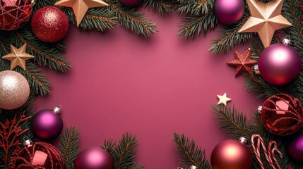 Christmas background with decorations along the edges. Christmas tree branches, gold glitter balls, stars, and garland. Flat lay, top view on a dark background with copy space.