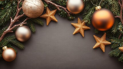 Christmas background with decorations along the edges. Christmas tree branches, gold glitter balls, stars, and garland. Flat lay, top view on a dark background with copy space.