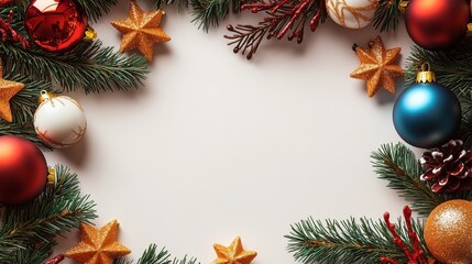 Christmas background with decorations along the edges. Christmas tree branches, gold glitter balls, stars, and garland. Flat lay, top view on a dark background with copy space.