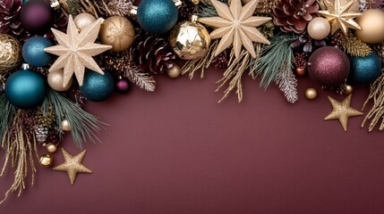 Christmas background with decorations along the edges. Christmas tree branches, gold glitter balls, stars, and garland. Flat lay, top view on a dark background with copy space.