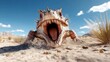 © JoxyAimages - An aggressive-looking lizard with open mouth, showing sharp teeth, crawling rapidly on desert sand, set against a bright blue sky with sparse desert vegetation.
