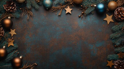 Christmas background with decorations along the edges. Christmas tree branches, gold glitter balls, stars, and garland. Flat lay, top view on a dark background with copy space.