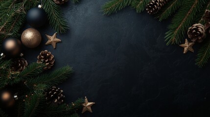 Christmas background with decorations along the edges. Christmas tree branches, gold glitter balls, stars, and garland. Flat lay, top view on a dark background with copy space.