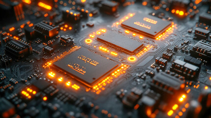 Poster - A high-tech circuit board with intricate designs and orange LED lights, highlighting the concept of technology and innovation