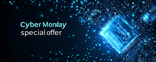 Poster - The text Cyber Monday special offer is written in glowing blue neon letters