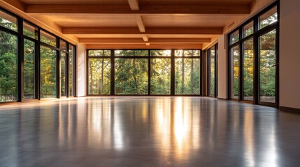 Poster - A large, spacious room with elegant wooden ceiling beams, flooded with warm sunlight from wall-length windows, creating an inviting, peaceful atmosphere.