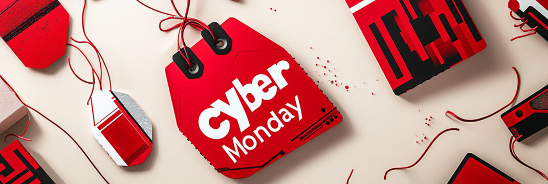 The text Cyber Monday using red price tags with white letters