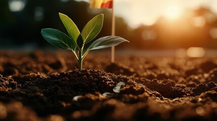 a young plant breaks through the rich soil on a sunny day, symbolizing growth and new beginnings, ca