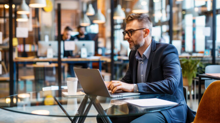 Caucasian male with beard and glasses focused on work at a laptop in a modern coworking space, dressed in a smart casual grey blazer.