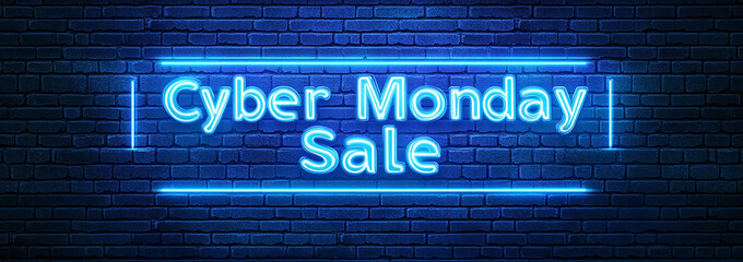 Poster - The word Cyber Monday Sale written in glowing blue neon letters on a dark brick wall background