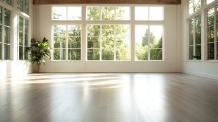 Poster - A serene, sunlit room featuring expansive windows that offer a view of lush greenery outside, complemented by a potted plant in the corner on a wooden floor.