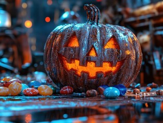 A smiling Halloween pumpkin glows warmly surrounded by colorful candies in a vibrant, festive setting with a hint of mysterious ambiance.