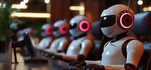Poster - Row of white humanoid robots with pink glowing headphones sitting at a desk and using computers.