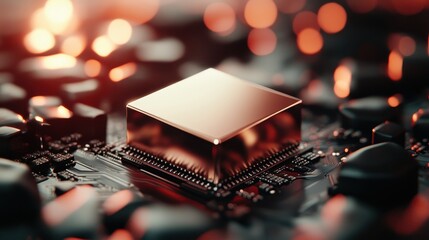Poster - A glowing golden cube rests on a high-tech circuit board, symbolizing the fusion of engineering precision with aesthetic beauty, framed by soft bokeh lights.