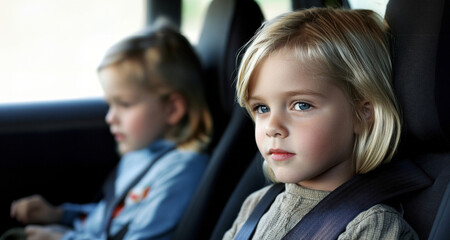 Two children secured with seatbelts in a car, focusing on safety while traveling on a sunny day