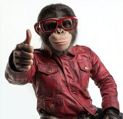 Wall Mural - a chimpanzee in a red leather jacket and bold red glasses gives a thumbs-up, showcasing a stylish, c