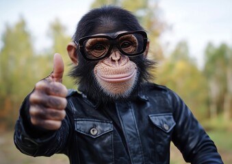 Wall Mural - a chimpanzee in a black leather jacket and large black glasses gives a thumbs-up in an outdoor setti
