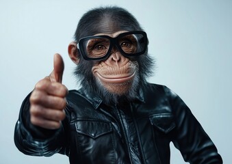 Wall Mural - a chimpanzee in a black leather jacket and large black glasses gives a thumbs-up against a plain bac