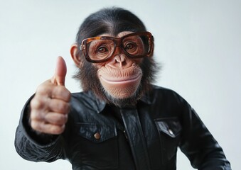 Wall Mural - a playful chimpanzee wearing large brown glasses and a black leather jacket gives a thumbs-up, showi