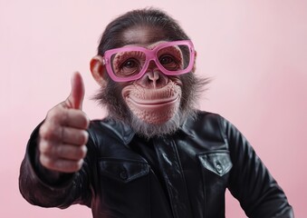 Wall Mural - a chimpanzee wearing a black leather jacket and pink glasses gives a thumbs-up against a soft pink b