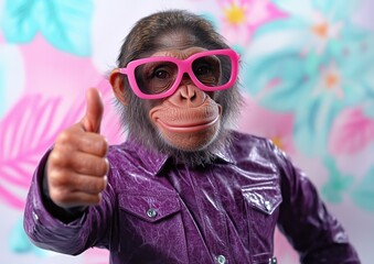 Wall Mural - a chimpanzee dressed in a purple leather jacket and pink glasses gives a thumbs-up against a colorfu