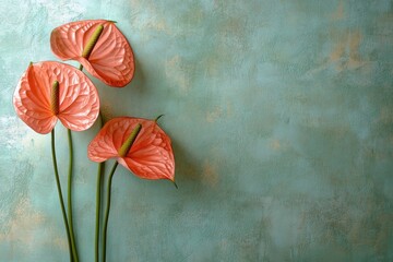 Wall Mural - Pink anthurium flowers against a textured green background in a calm indoor setting