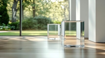 Poster - Two transparent glass cubes are displayed in a sleek minimalist room with polished wooden floors, showcasing a modern interior bathed in warm sunlight amidst greenery.