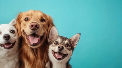 A cheerful image featuring three dogs with happy expressions, set against a vibrant teal background, radiating joy and companionship.