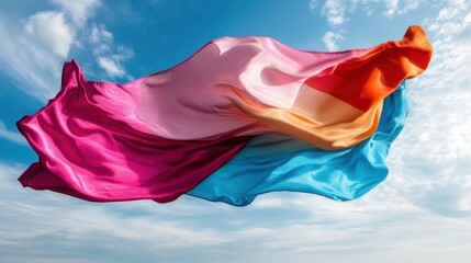 Poster - A brightly colored flag made of soft silk waves flows gracefully against a blue sky backdrop, creating a dynamic representation of freedom and movement.
