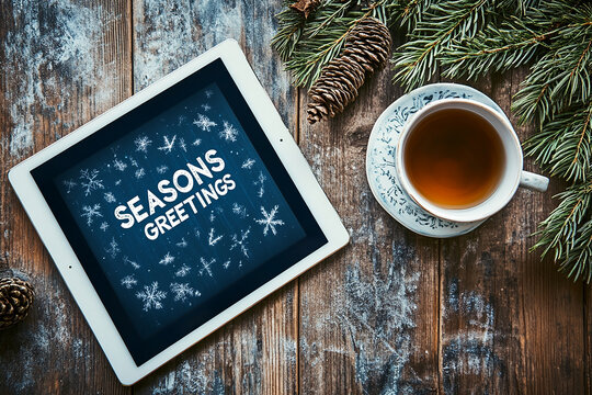 Welcomed season's greeting card with the words SEASONS GREETINGS on an iPad tablet screen