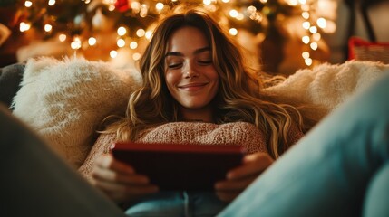 A woman lounging in a cozy setting smiles as she uses a tablet, basking in the warmth of festive lights, showcasing comfort and digital leisure at home.