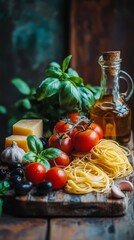 Canvas Print - Fresh ingredients arranged on a rustic wooden table for Italian pasta preparation