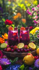 Canvas Print - Refreshing fruit cocktails displayed amidst vibrant flowers in a sunny garden setting