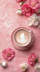 Sticker - Cup of latte art surrounded by pink flowers on a pastel background in a cozy setting