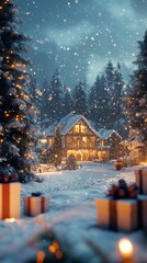 Poster - Snowfall blankets a cozy cabin adorned with holiday lights and gifts in a winter wonderland