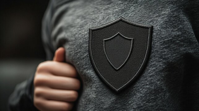 Black shield embroidered patch mockup on a plain dark grey background.