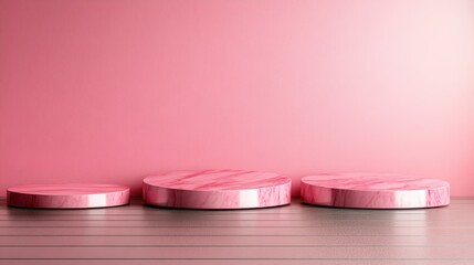 Aufkleber - This image showcases three flat round pink platforms arranged on a wooden floor against a matching pink wall, capturing an elegant minimalist style.