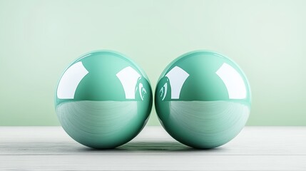 Poster - Two turquoise spheres sit closely together on a wooden surface, reflecting light beautifully against a pale green background, creating a minimalistic aesthetic.