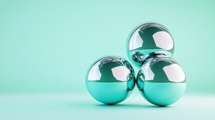 Poster - A trio of highly reflective metallic spheres in turquoise hues is grouped closely against a mint-green background, capturing a contemporary artistic essence.