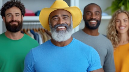 A group of four friends enjoys a cheerful moment in a bright store, showcasing their colorful attire and a sunny vibe with one wearing a yellow hat