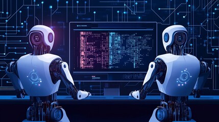 Poster - Two robots are working together at a computer, looking at a screen full of code.