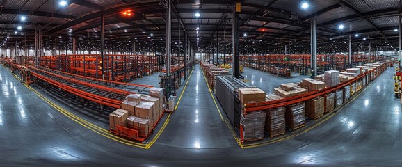 Poster - Wide angle panoramic view of a large empty warehouse with high shelves and empty spaces.