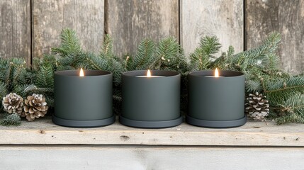 Canvas Print - Four black candles burn brightly on a rustic wooden table, surrounded by green pine branches, creating a festive Christmas ambiance