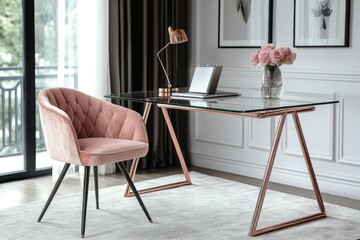 A stylish home office setup featuring a glass desk and elegant pink chair with floral decor