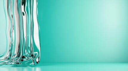 Poster - Liquid-like curved glass shapes merge into a teal backdrop, showcasing fluidity and abstract elegance, reflecting light and shadows in mesmerizing ways.