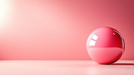 Poster - a glossy pink sphere rests on a light pink surface, reflecting light and casting a shadow to produce